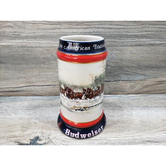 1990 Budweiser Stein Clydesdales Horses Holiday Beer Dark Blue Trim - Picture 4 of 9